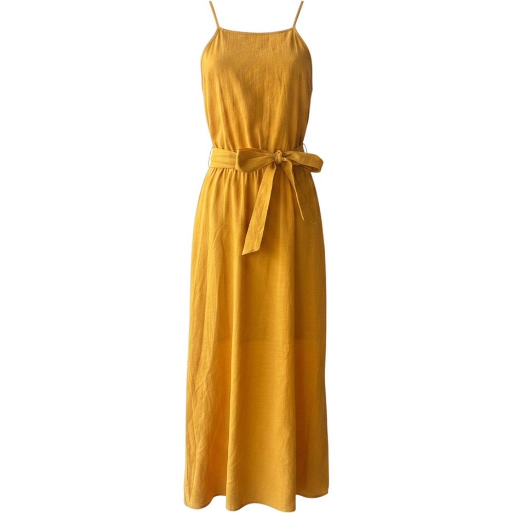 Womens Mustard Yellow Midi Dress Medium Strappy Belted Linen Blend Boho Sundress